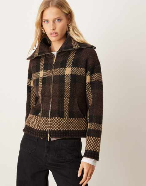 JDY - Cardigan marrone a quadri con colletto aperto e zip - view 1