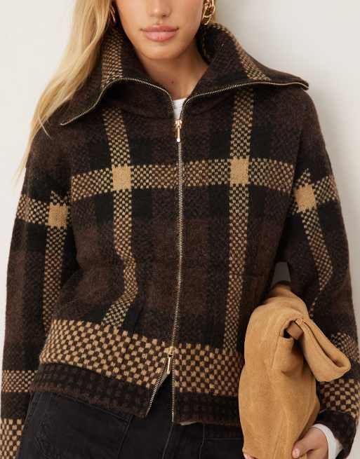 JDY - Cardigan marrone a quadri con colletto aperto e zip, 3 di 4