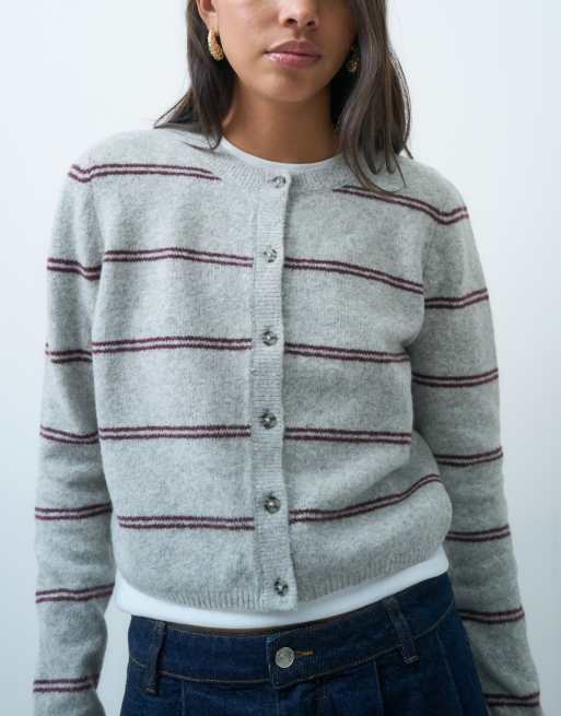 JDY cardigan med rund hals i grå og bordeaux stribe, 3 af 4