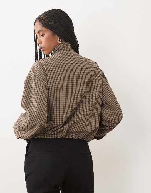 JDY - cazadora bomber con cuello alzado a cuadros vichy marrón, 4 de 4