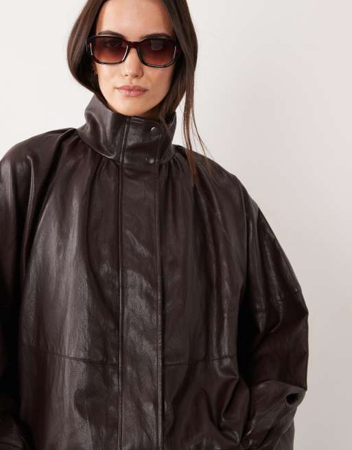 JDY - cazadora bomber de piel sintética con cuello alzado marrón, 3 de 4
