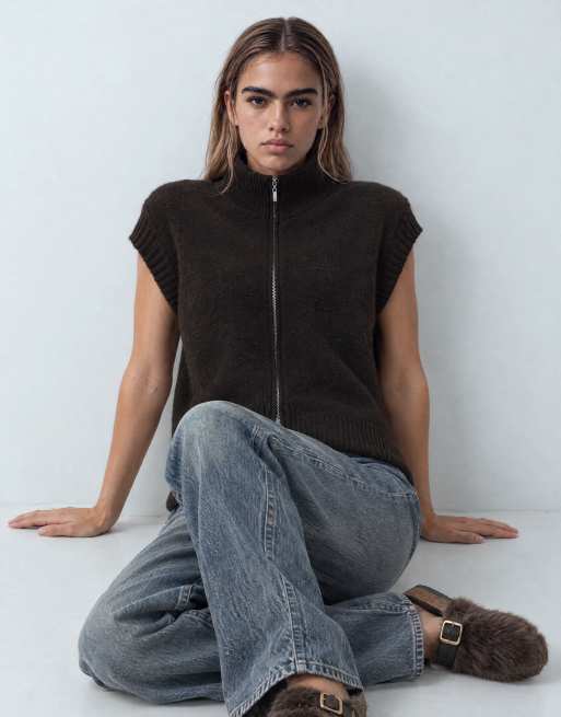 JDY chaleco de punto con cuello alto y cremallera en chocolate, 10 de 10