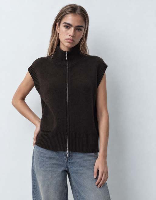 JDY chaleco de punto con cuello alto y cremallera en chocolate, 6 de 10