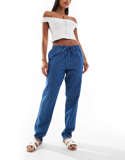 JDY - Chambray broek met rechte pijpen in blauw 