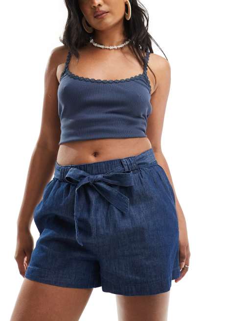 JDY – Chambray-Shorts in Indigoblau mit geschnürter Vorderseite
