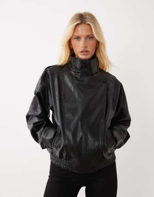 JDY - Chaqueta bomber negra de cuero sintético, 3 de 4