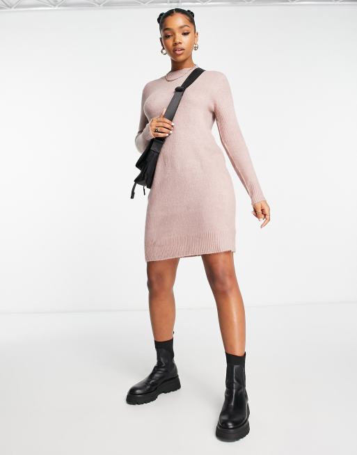 JDY wide neck knitted mini jumper dress in beige