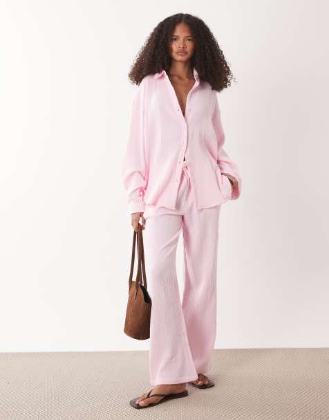 JDY cheesecloth co-ord in light pink - view 1