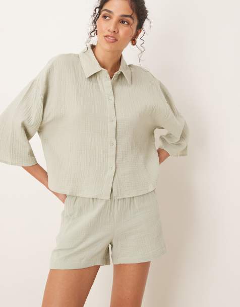 JDY cheesecloth co-ord in sage - view 1
