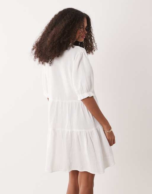 JDY cheesecloth drop hem mini dress with lace detail in white, 3 of 4