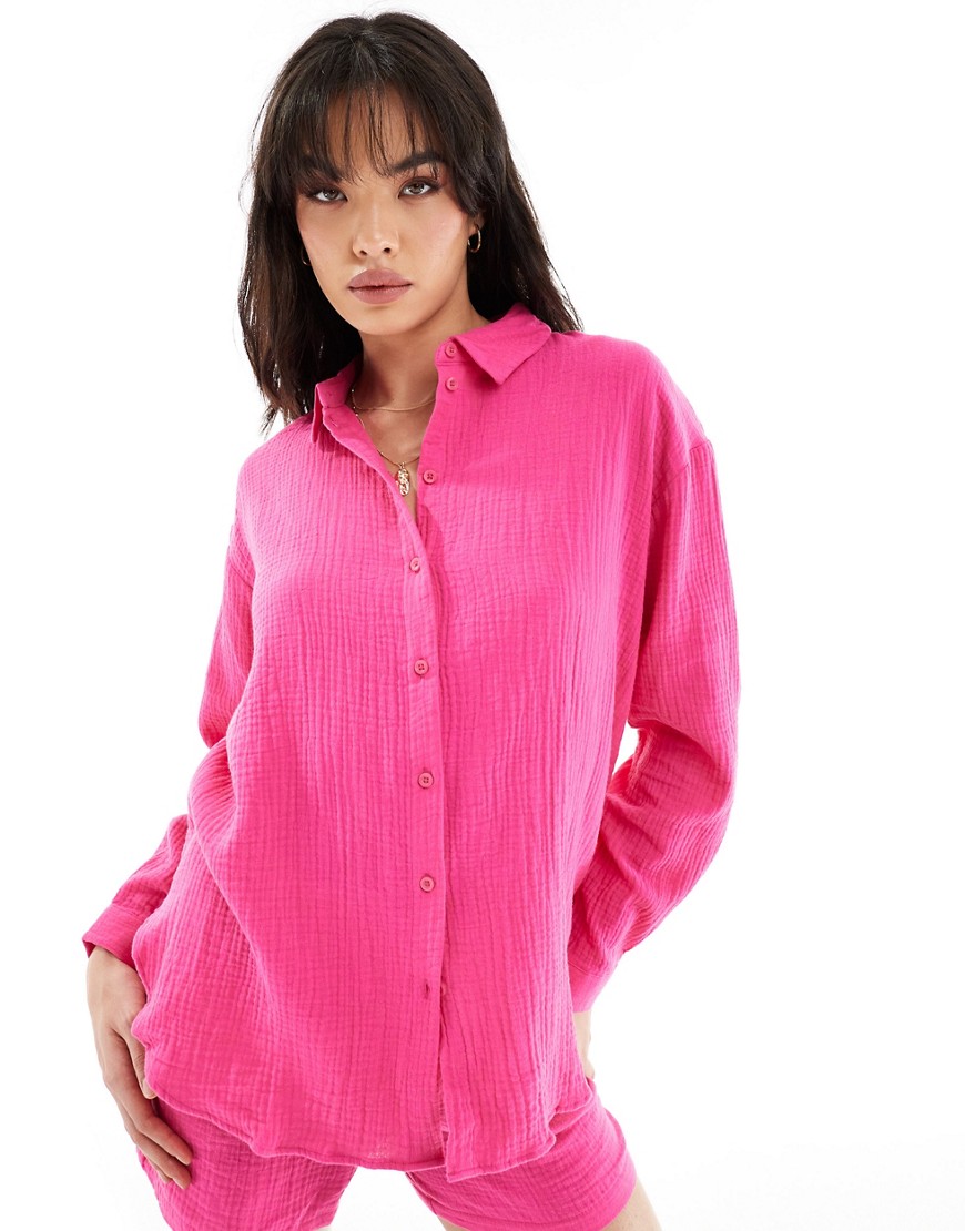 JDY cheesecloth long sleeve shirt co-ord in bright pink