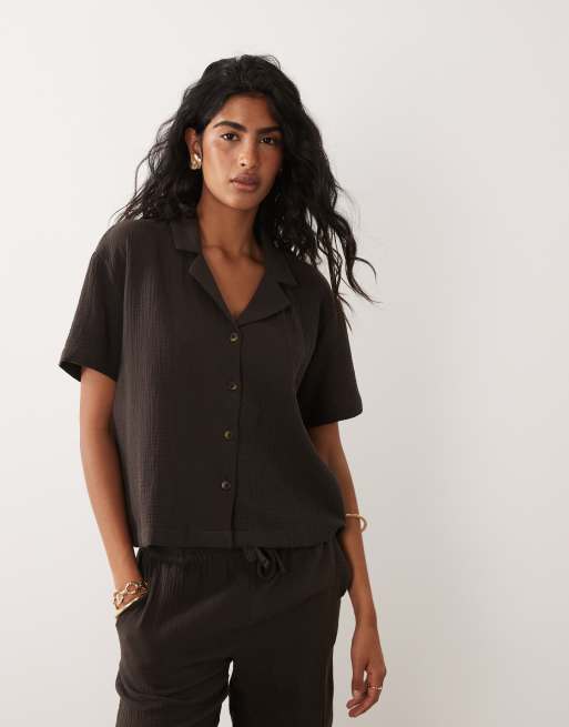 JDY cheesecloth shirt co-ord in chocolate brown, 3 of 4