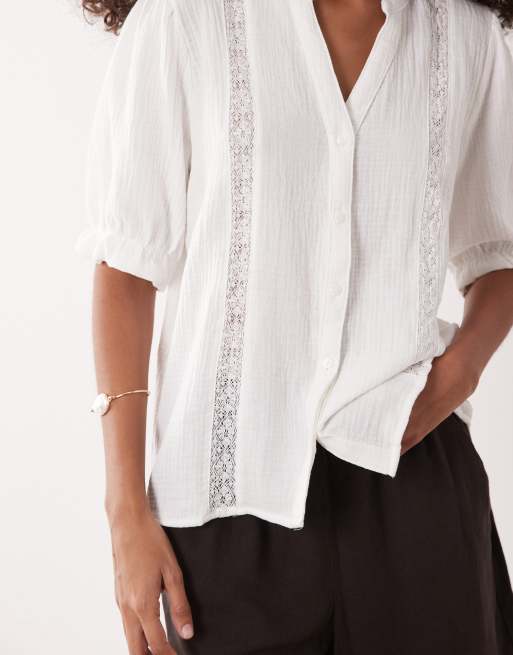 JDY cheesecloth shirt with lace stripe detail in white, 2 of 4