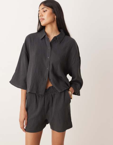JDY cheesecloth shorts co-ord in charcoal grey - view 1