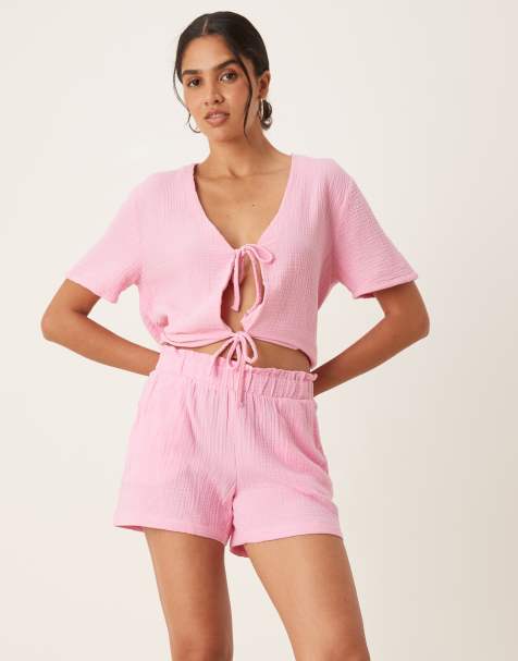 JDY cheesecloth shorts co-ord in pink - view 1
