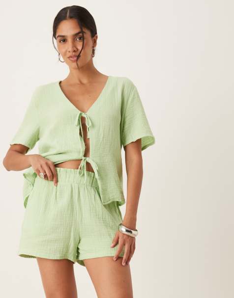 JDY cheesecloth shorts co-ord in pistachio green - view 1