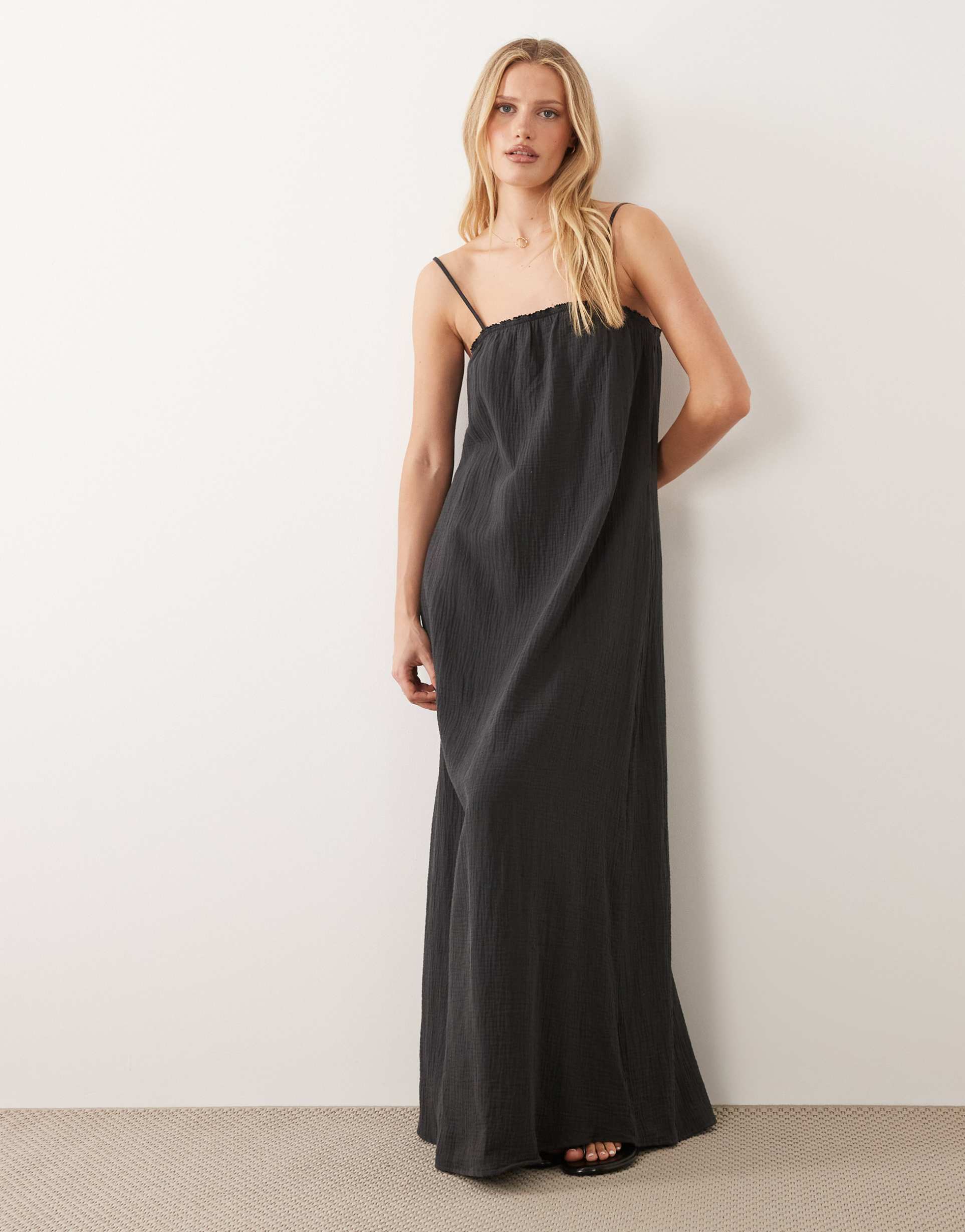jdy cheesecloth sleeveless maxi dress in charcoal gray