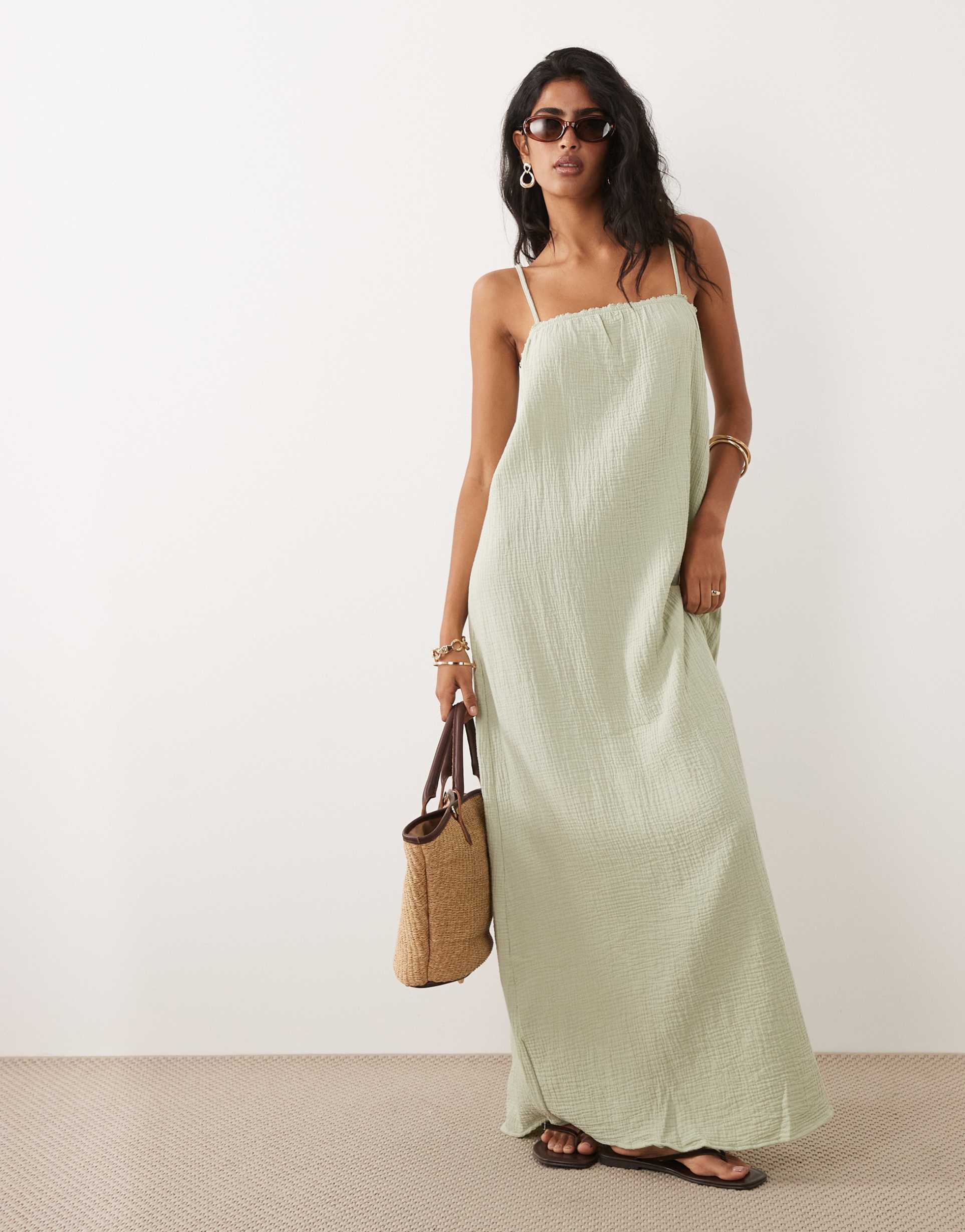 jdy cheesecloth sleeveless maxi dress in sage