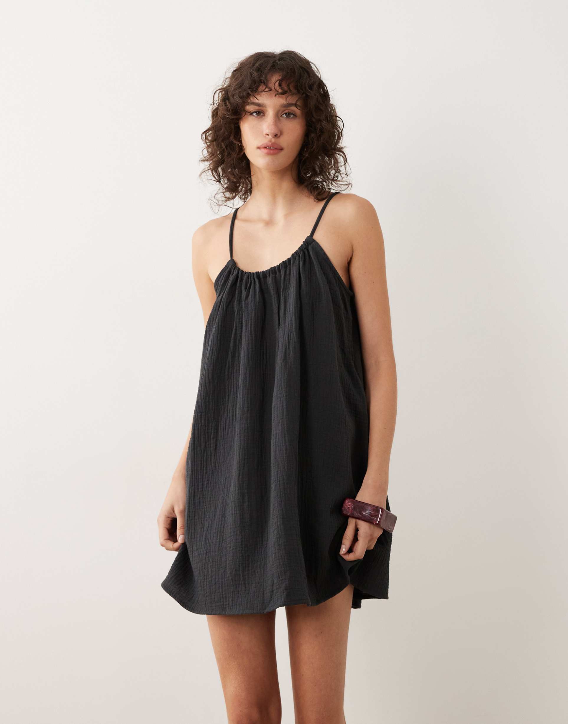 jdy cheesecloth sleeveless mini dress in charcoal gray