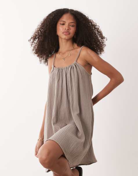 JDY cheesecloth sleeveless mini dress in light brown