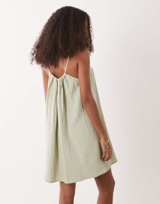 JDY cheesecloth sleeveless mini dress in sage, 4 of 4