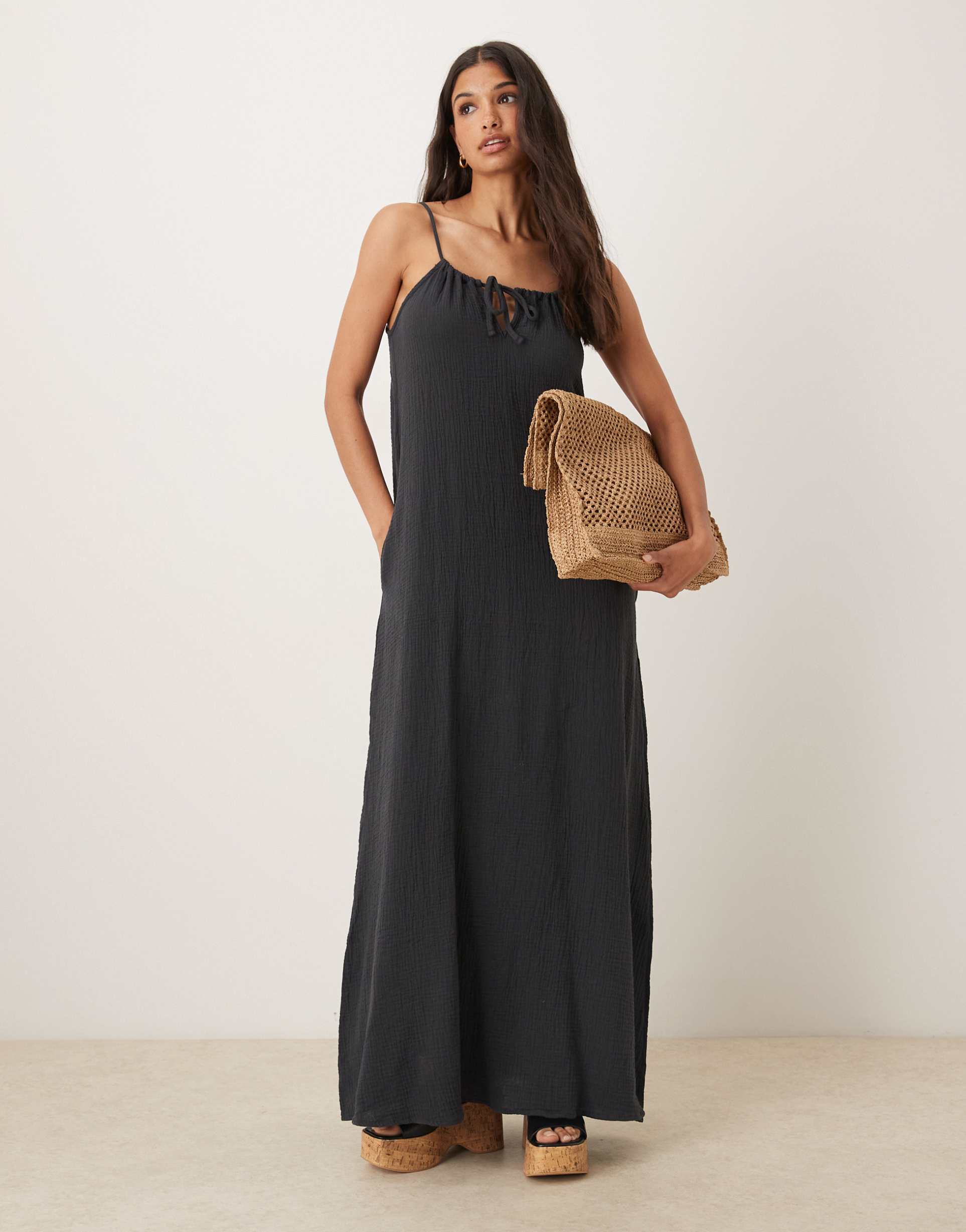 jdy cheesecloth sleeveless tie front maxi dress in charcoal