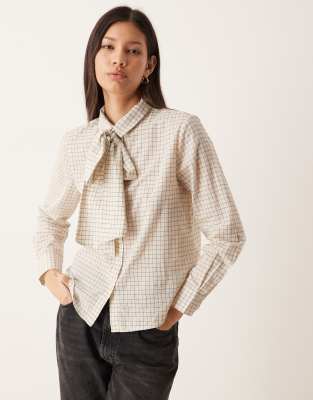 Chemise à carreaux avec lavallière amovible - Crème-Blanc XS