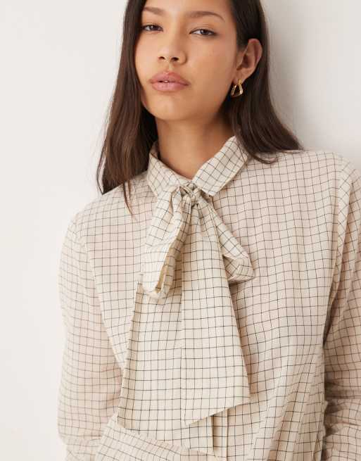 JDY - Chemise à carreaux avec lavallière amovible - Crème, 3 de 4