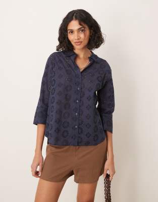 Chemise à manches 3/4 en maille pointelle - Bleu marine XS