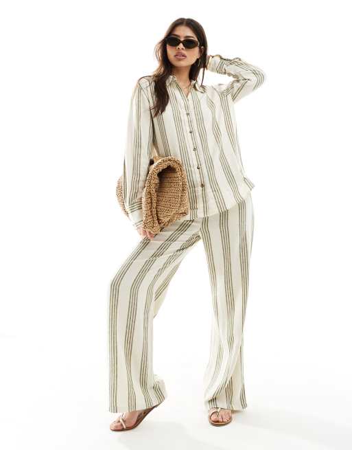 JDY - Chemise à rayures d'ensemble en lin mélangé avec manches longues - Sauge et blanc, 2 de 4