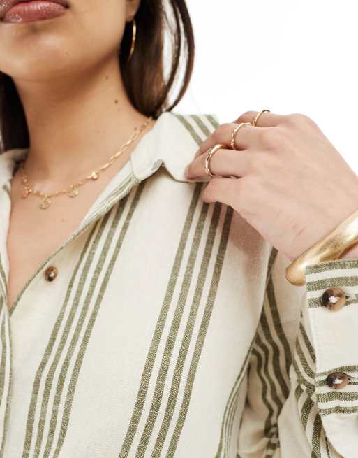 JDY - Chemise à rayures d'ensemble en lin mélangé avec manches longues - Sauge et blanc, 3 de 4