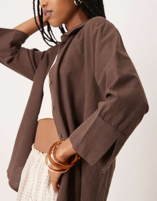 JDY - Chemise décontractée en lin - Marron chocolat, 3 de 4