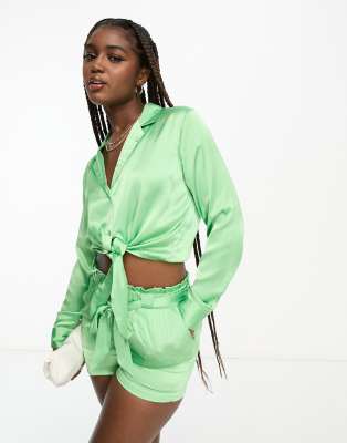 JDY tie front cropped satin shirt co-ord in green  - ASOS Price Checker