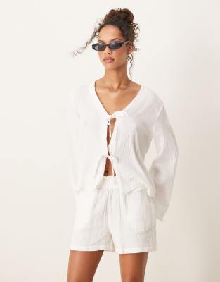 Chemise d'ensemble en crépon nouée devant - Blanc XS