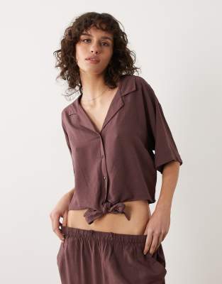 Chemise d'ensemble en lin mélangé nouée devant - Bordeaux-Rouge M