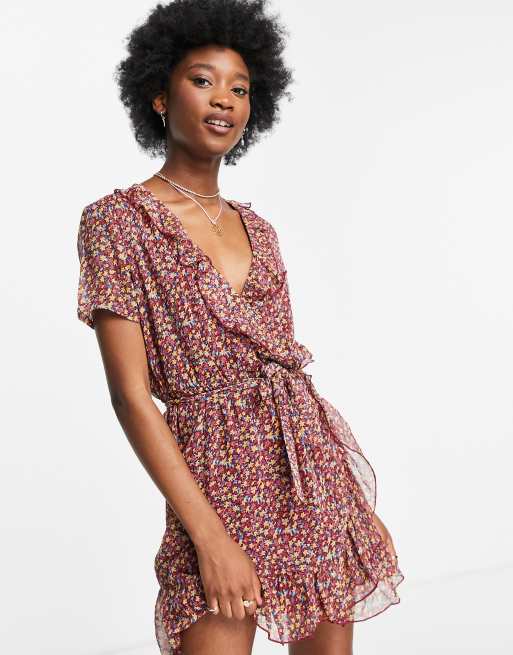 JDY chiffon mini wrap dress in burgundy floral | ASOS