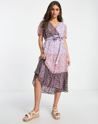 JDY chiffon wrap tiered midi dress in mixed floral - ASOS Price Checker