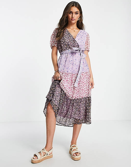 Asos Women Clothing Dresses Printed Dresses Chiffon wrap tiered midi dress in mixed floral 