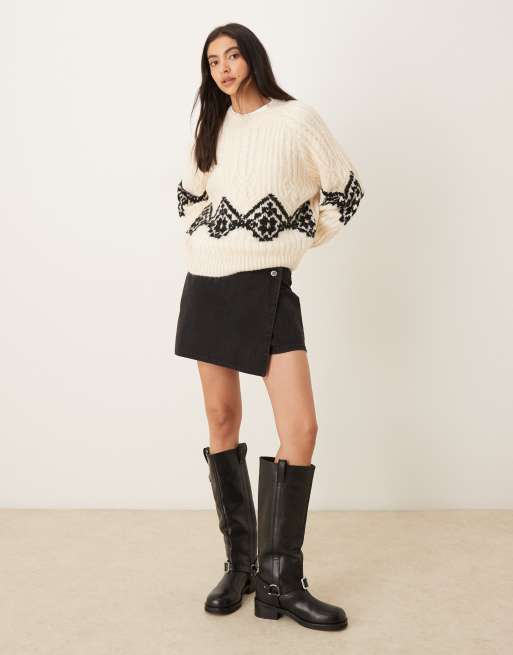 JDY chunky knit sweater with argyle detailing in ecru, 2 of 4