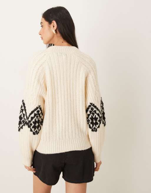 JDY chunky knit sweater with argyle detailing in ecru, 4 of 4