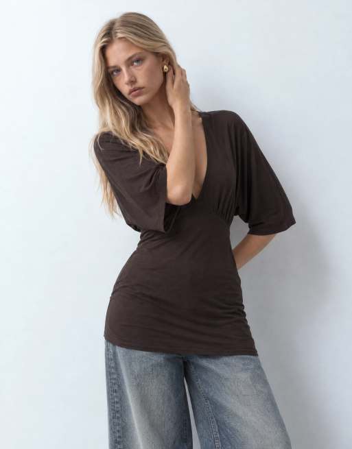 JDY cinch waist top with bat sleeve in brown, 10 of 10