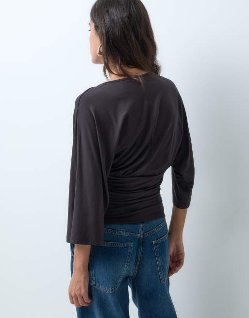 JDY cinch waist top with bat sleeve in brown, 5 of 10