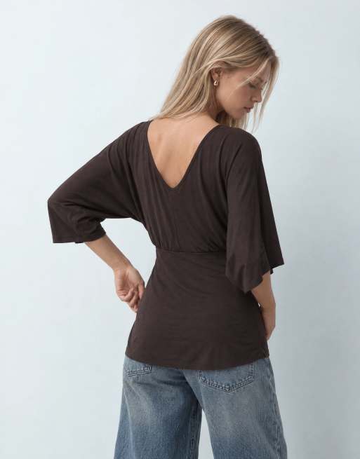 JDY cinch waist top with bat sleeve in brown, 9 of 10