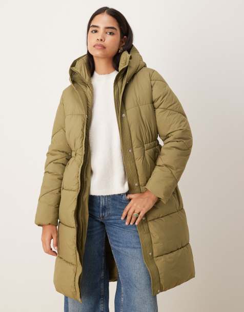 JDY cinched waist longline puffer in green - view 1