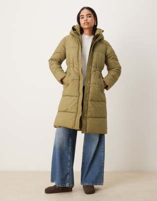 Jdy Cinched Waist Longline Puffer In Green