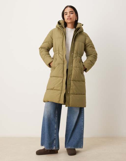 JDY cinched waist longline puffer in green