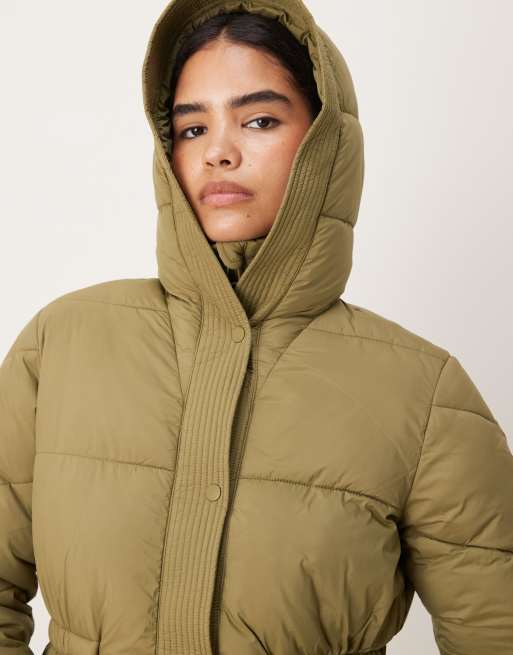 JDY cinched waist longline puffer in green, 3 of 4