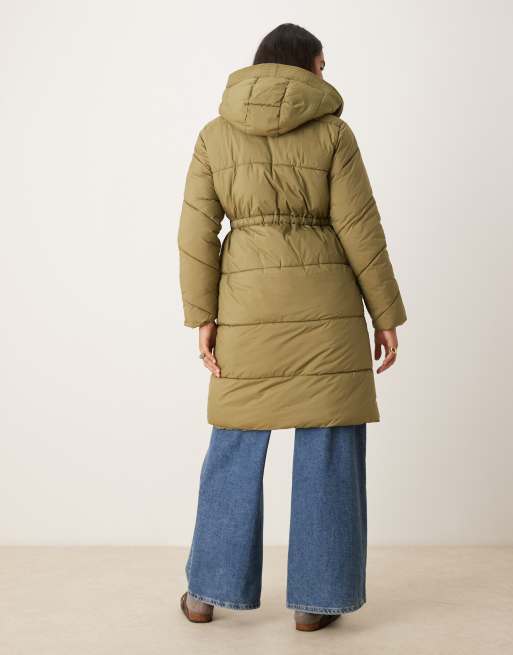 JDY cinched waist longline puffer in green