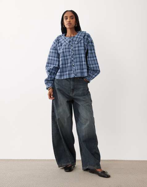 JDY collar detail shirt in navy plaid - view 1