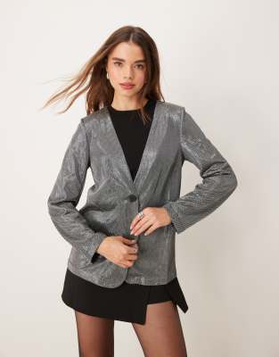 collarless blazer in metallic silver